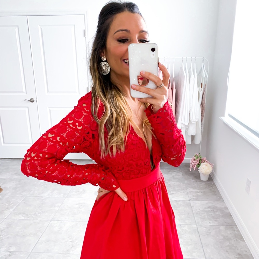 Red Plunge Guipure Lace Long Sleeve Skater Dress - Picture 11 of 16